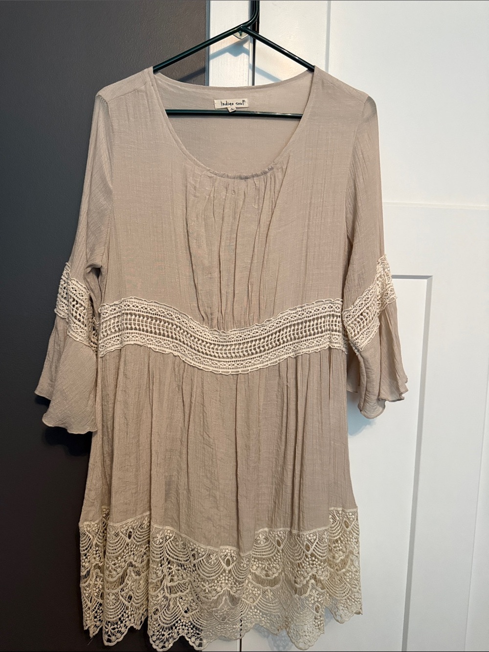 indigo soul Taupe Crochet-Trim Boho Tunic